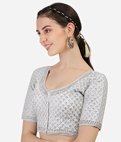 Pujia Mills Women's Silver Jari Thread Readymade Blouse 38 (96.5cm) | Heavy Phantom Silk with Diamond Work thumbnail 4