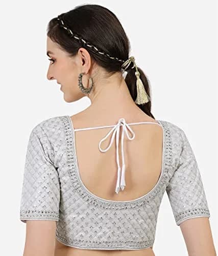 Pujia Mills Women's Silver Jari Thread Readymade Blouse 38 (96.5cm) | Heavy Phantom Silk with Diamond Work thumbnail 2