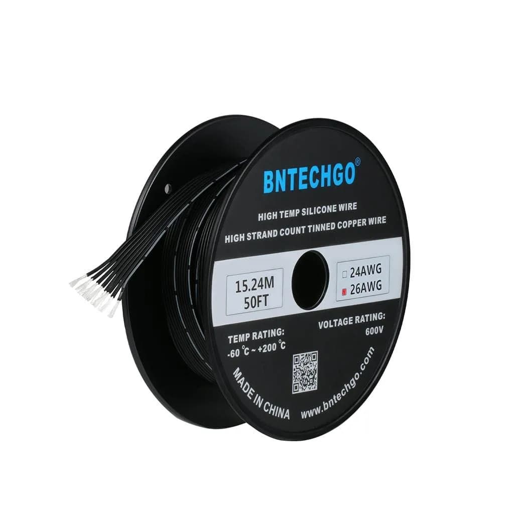 BNTECHGO 26 AWG Silicone Ribbon Cable 8P Black 50ft (15.24m) | Ultra Flexible Tinned Copper Wire for RC, Arduino, DIY - main product image