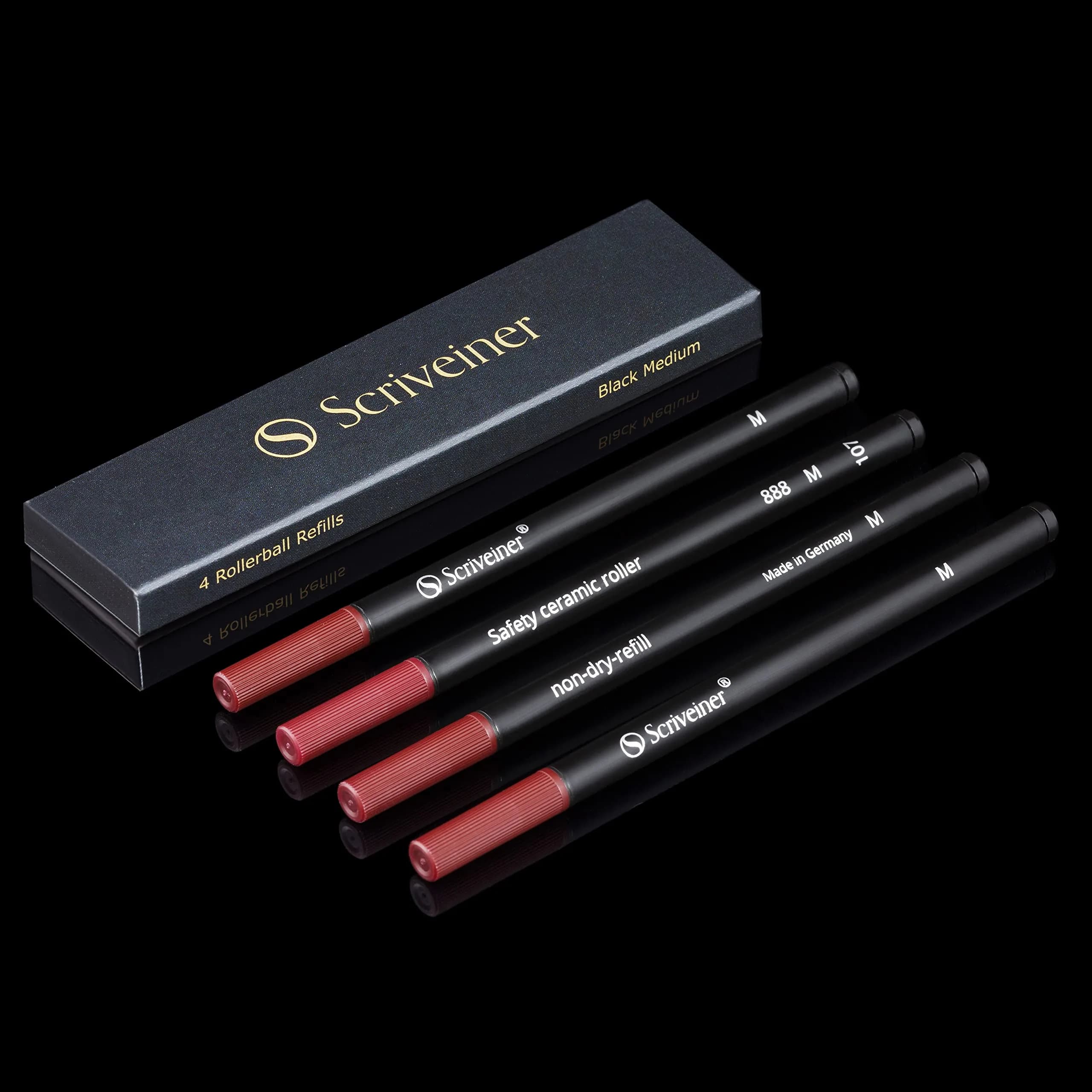 Scriveiner Rollerball Refill Black Medium 4 Pack (11.6cm x 1cm x 2.8cm) | Smooth Ink Flow — Black