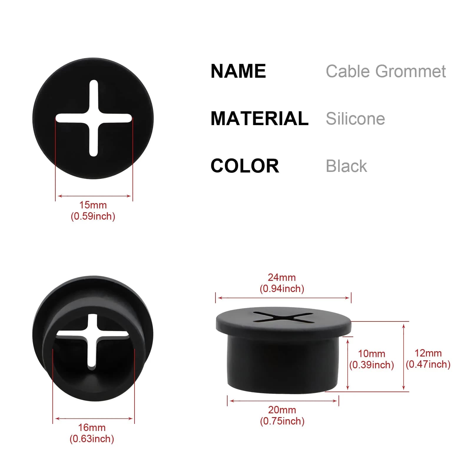 KITANIS 3/4 Inch (20mm) Black Rubber Desk Grommet | Flexible Silicone Cable Cord Grommet | 12-Pack - view 2