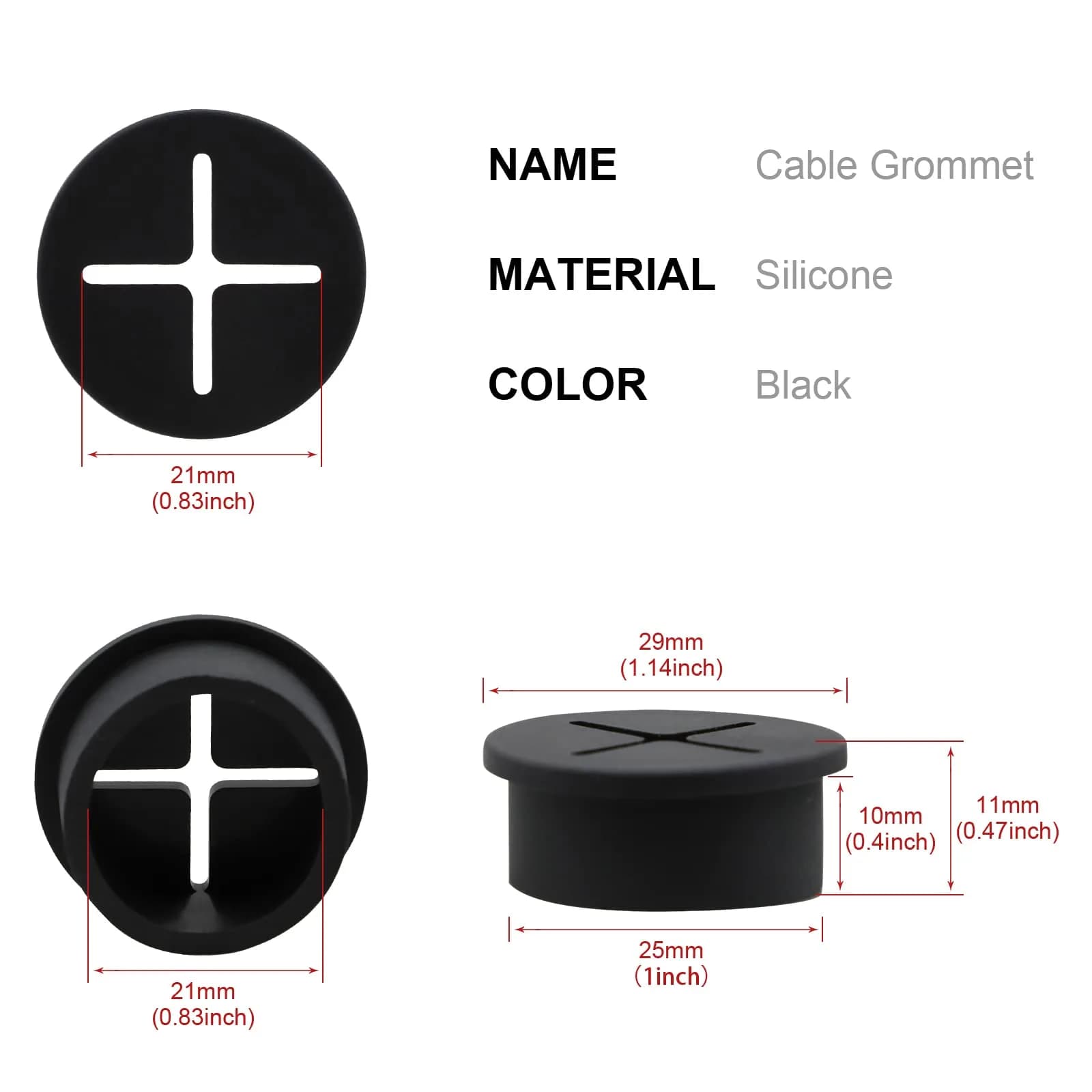 KITANIS Flexible Rubber Desk Grommets 1 Inch (25mm) Black Silicone, 12-Pack | Organize Cables for Desks & Furniture - view 2