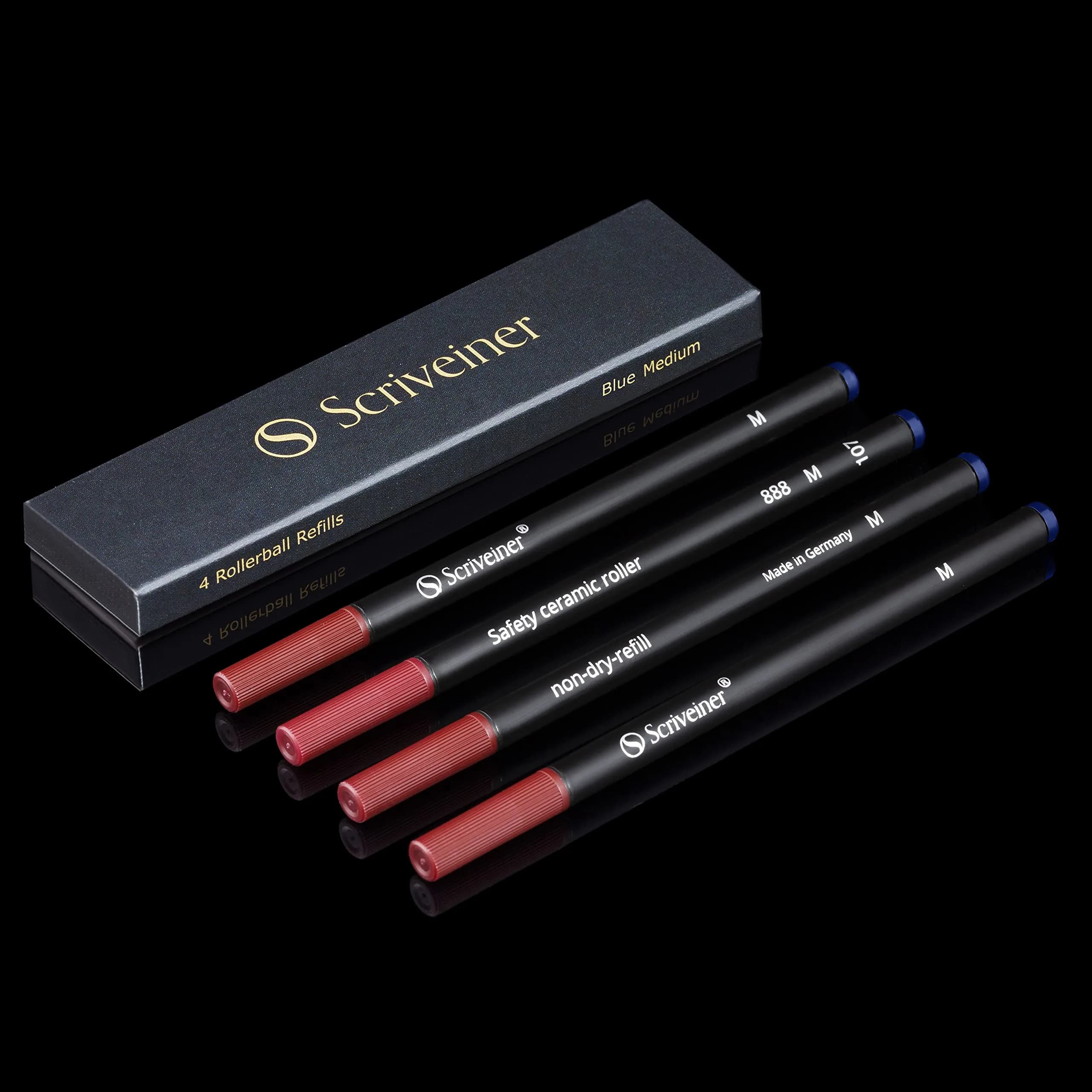 Scriveiner Blue Medium Rollerball Pen Refills (4-Pack, 0.7mm Tip) | Smooth Liquid Ink, Made in Germany — Blue