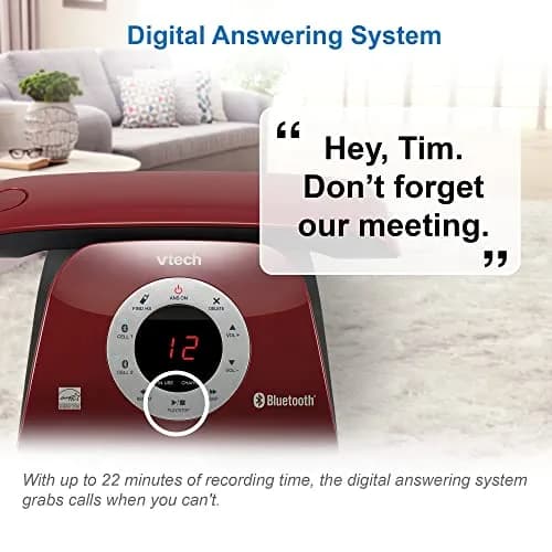 VTech VS122-16 Retro-Design Cordless Phone with Bluetooth Connect to Cell, Call Blocker, Answering System, Full-Duplex Speakerphone, Red thumbnail 3
