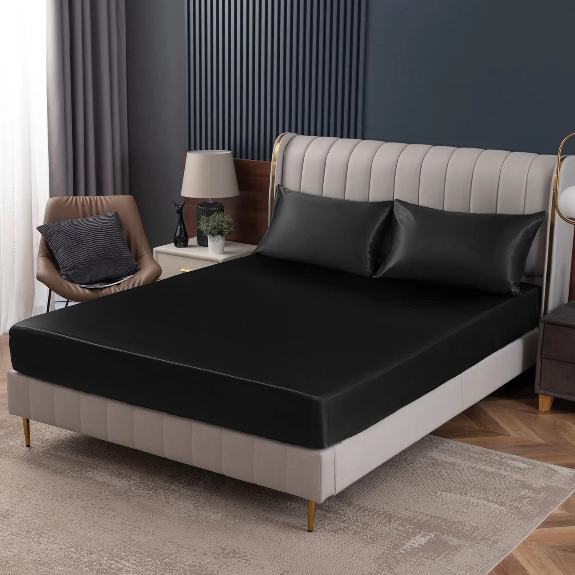 Homiest Black Satin Fitted Sheet King Deep Pocket | Silky, Luxurious, Deep Fit (70-120 chars) — Black / King - Fitted