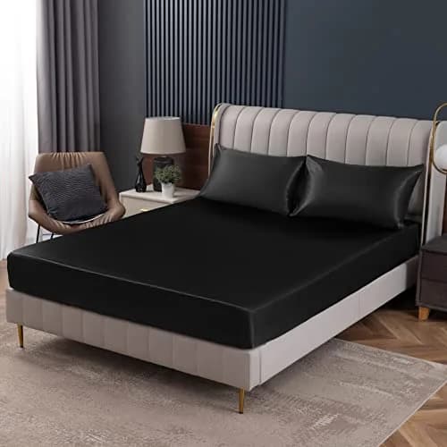 Homiest Black Satin Fitted Sheet King Deep Pocket | Silky, Luxurious, Deep Fit (70-120 chars) thumbnail 1