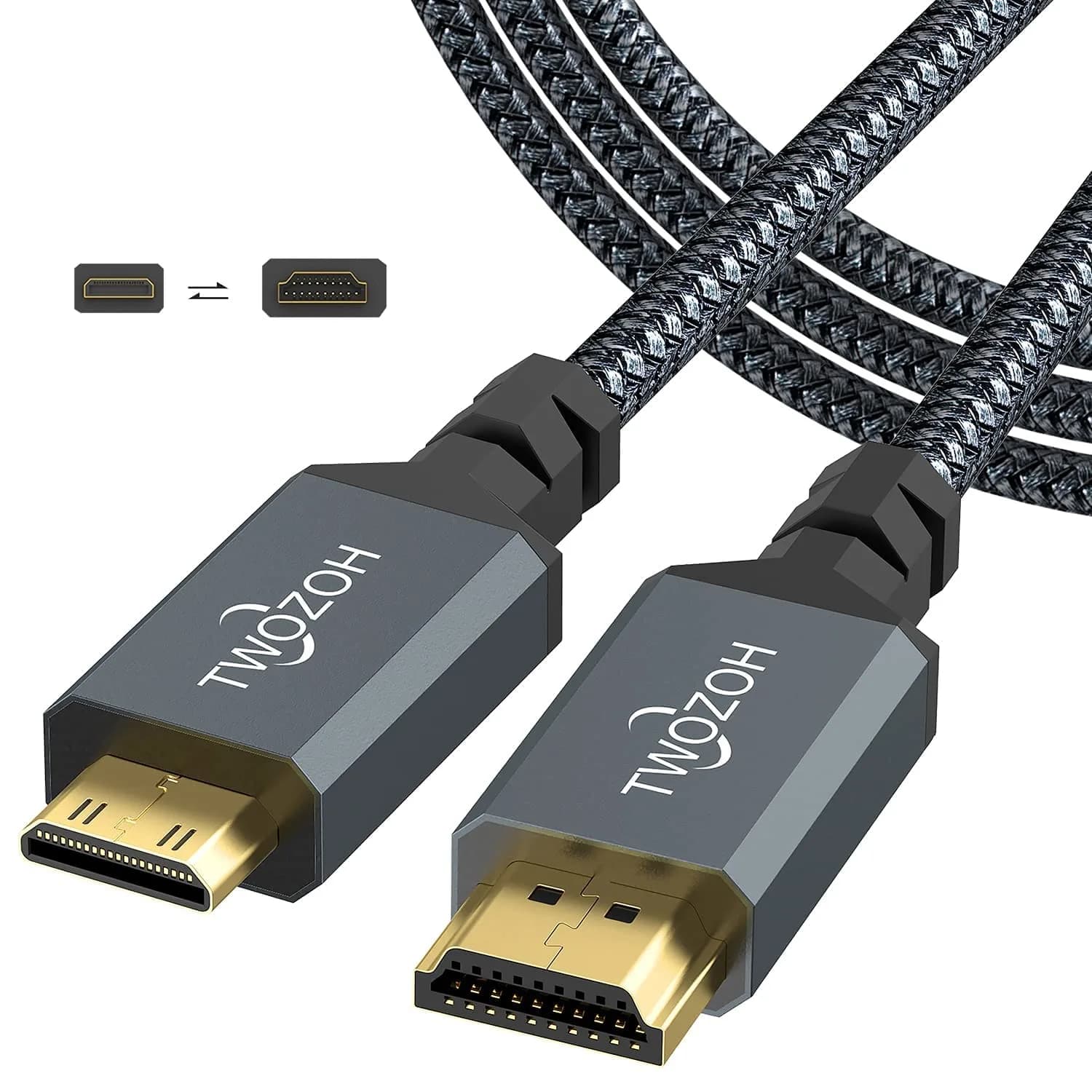 Twozoh Mini HDMI to HDMI Cable 3.3FT | Supports 4K/60Hz & 3D, Braided Cord for HD Devices — Grey