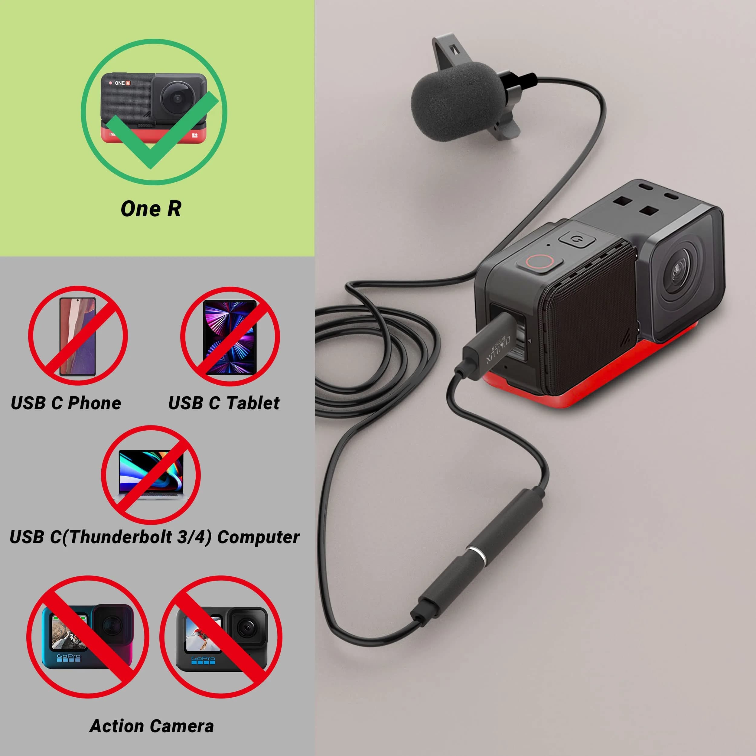 Cubilux UCM-RBK2 Microphone Adapter for Insta 360 ONE R, USB-C to 3.5mm TRRS MIC Converter Connector (1 Unit, Black) - view 3