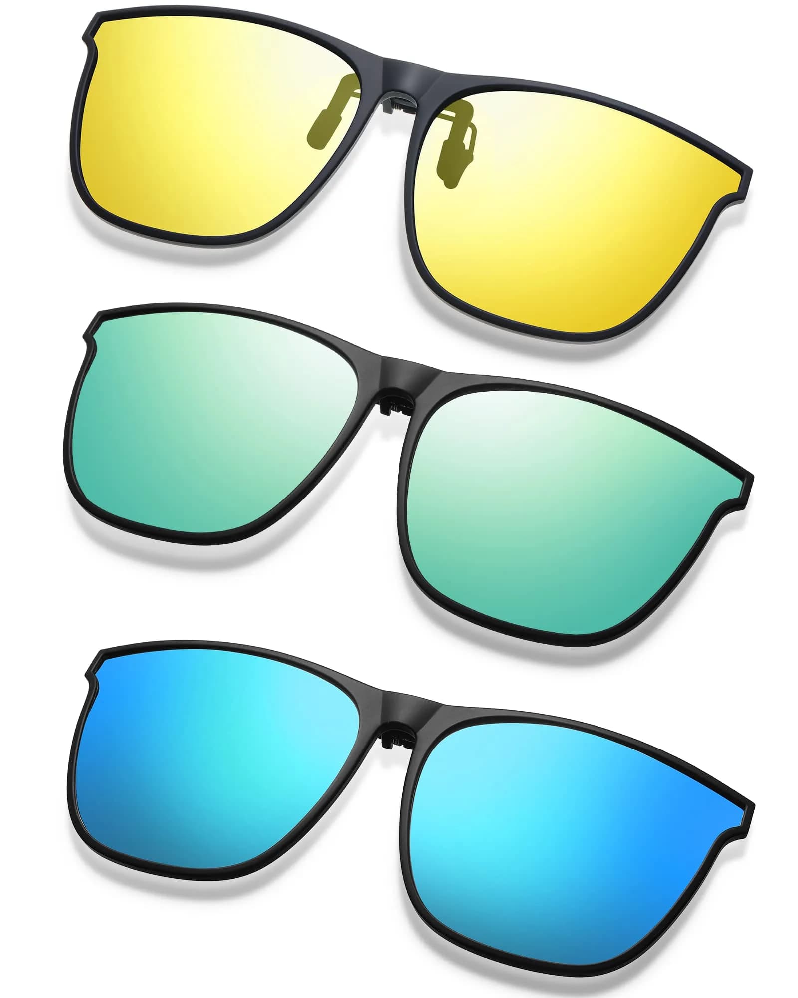 Frienda Oversize Clip-on Sunglasses 3 Pcs | Blue Green, Yellow Green, Yellow | Large, Flip Design — Blue Green, Yellow Green, Yellow