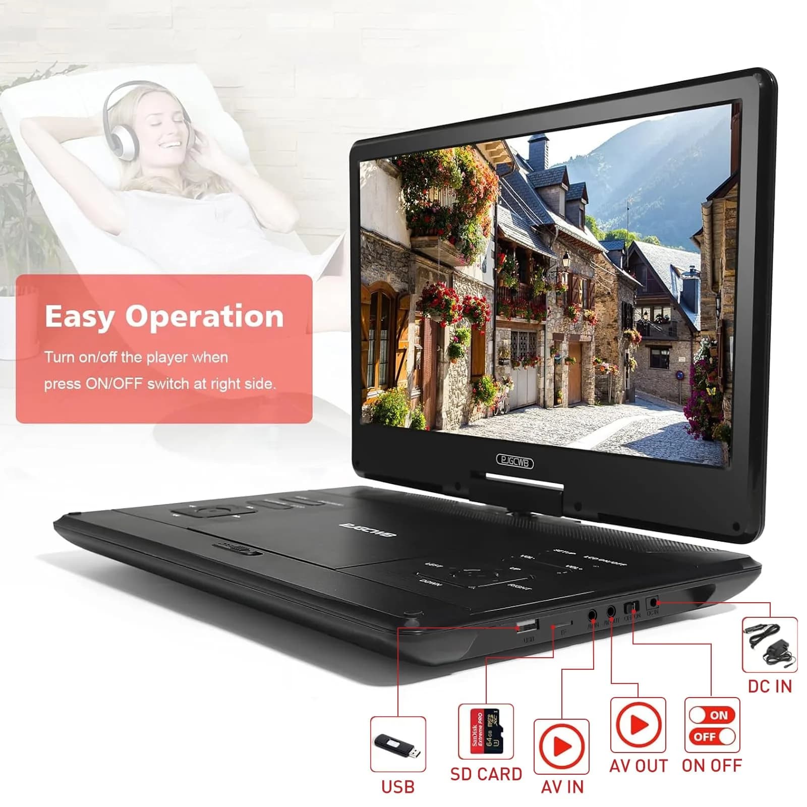 PJGCWB 14.1" HD Swivel Screen Portable DVD Player with Car Headrest Mount | 4-6 Hour Battery - view 2