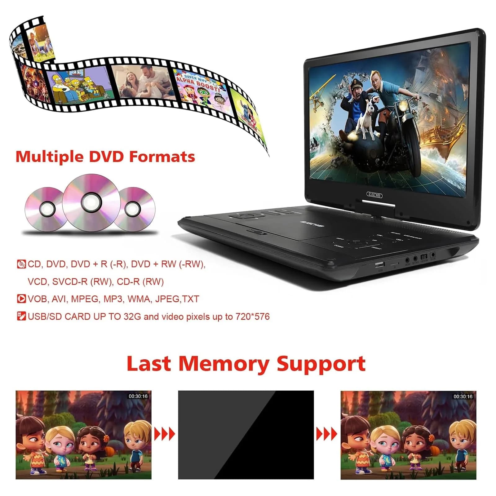 PJGCWB 14.1" HD Swivel Screen Portable DVD Player with Car Headrest Mount | 4-6 Hour Battery - view 3
