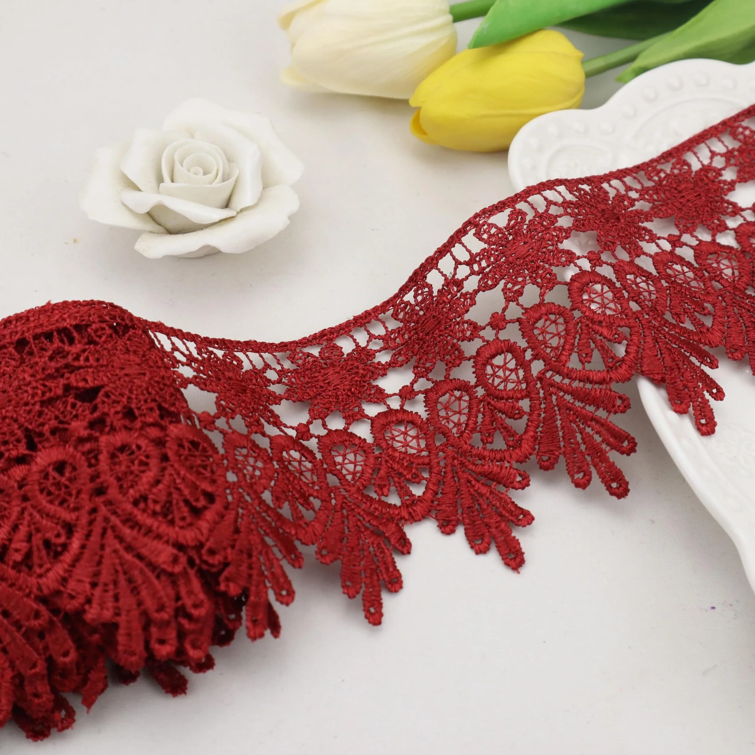 AIETSYEI Burgundy Lace Trim 8.9 cm (3.5 Inch) Wide Venise Lace Ribbon | Embroidered Edge Trim for Sewing DIY Crafts — burgundy lace trim