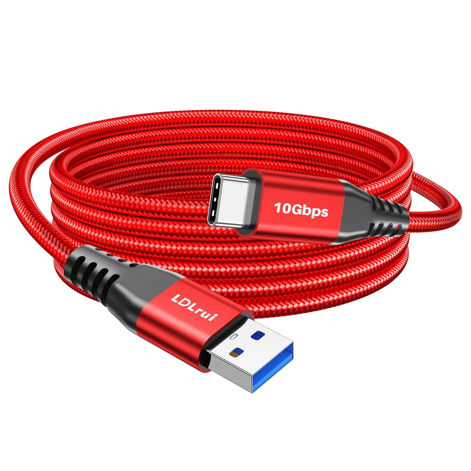 LDLrui USB C Data Cable 10ft | 10Gbps Transfer & 65W Fast Charging, Braided — Red