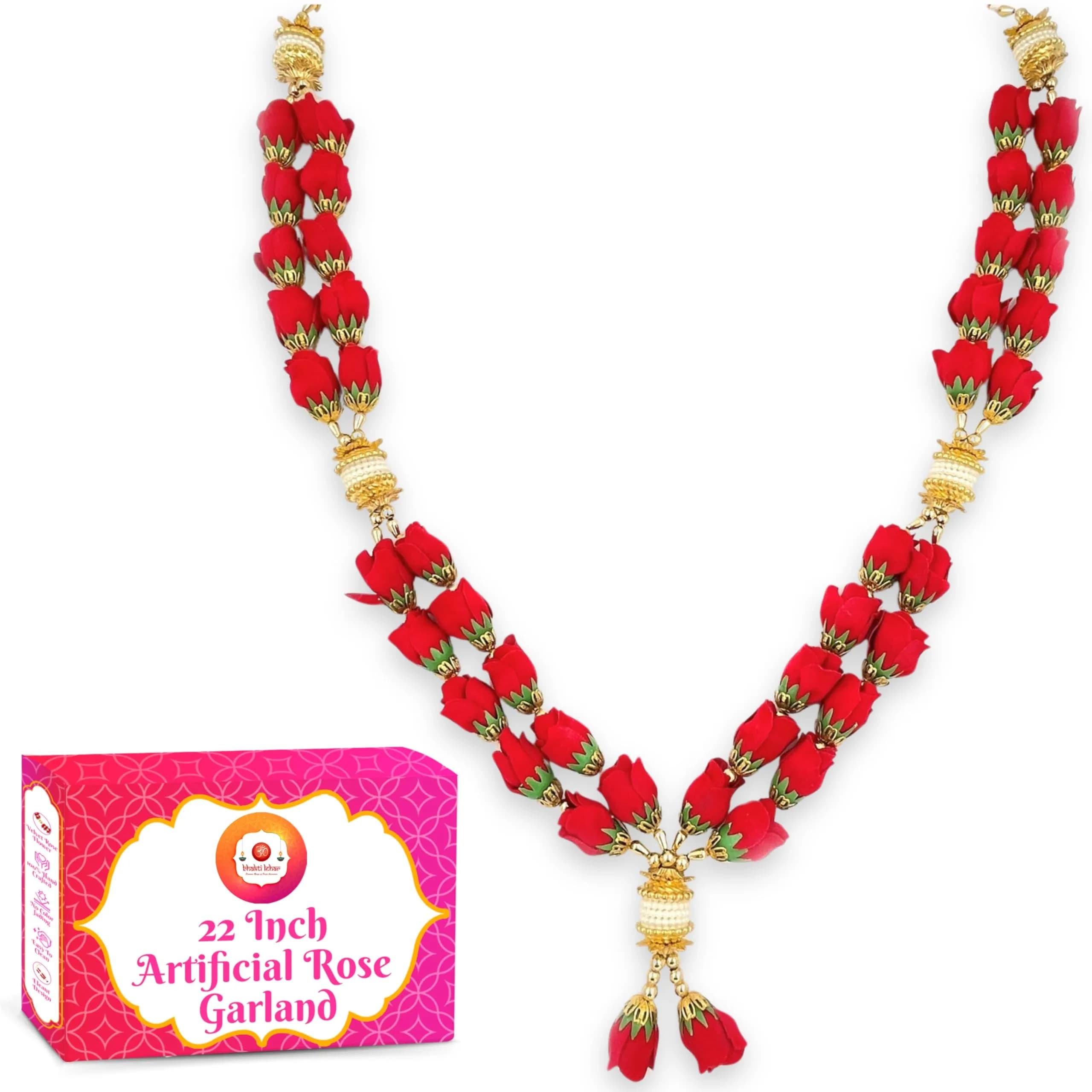 Bhakti Lehar 22 Inch Velvet Rose Garland for Photo Frame & Idol | Handmade Red Mala (24 Inch, Double Layer) - main product image