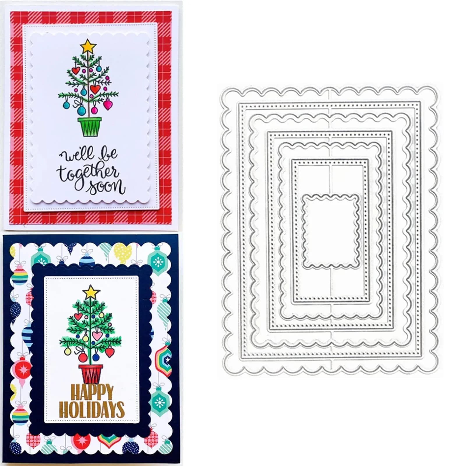 hinana Rectangle Frame Metal Die Cuts Set 13.8x10.5cm (5.43x4.13in) | Scallops Stitched Nesting Tag Background Cutting Dies for DIY Scrapbooking Album Decorative Embossing Paper Card Making