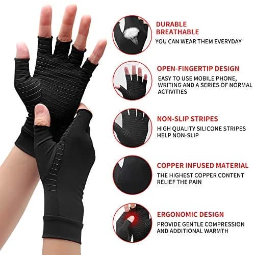 Waxden Copper Compression Arthritis Gloves, Fingerless Support for Hands & Fingers, Pain Relief & Healing, Unisex, 1 Pair thumbnail 2