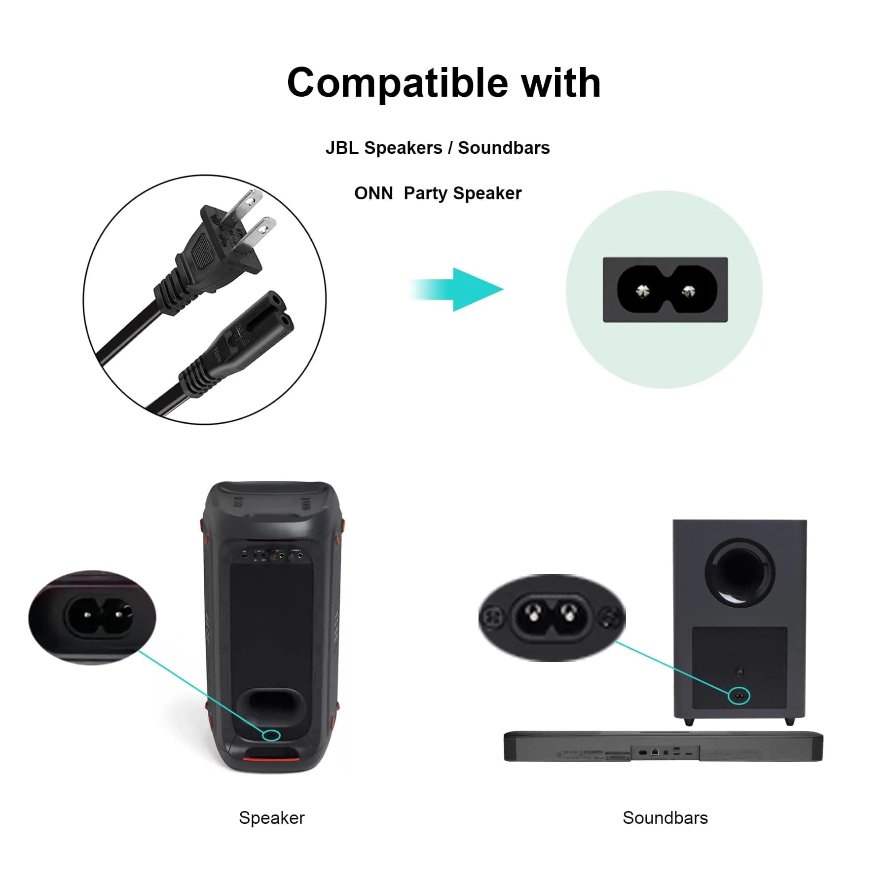 TPLTECH 6 ft Power Cord for JBL PartyBox Speakers & Soundbars | UL Listed 2-Prong Replacement Cable - view 2