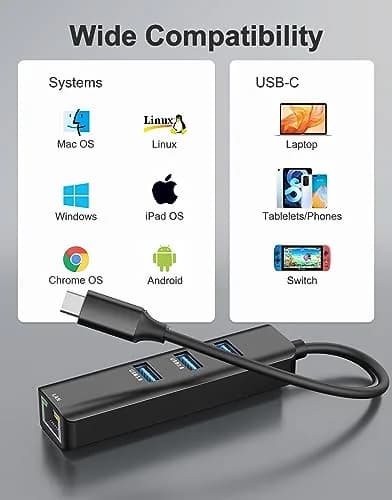 ABLEWE 4-in-1 USB C to Gigabit Ethernet Adapter with 3 USB 3.0 Ports Black | Multiport Hub for USB-C Devices thumbnail 5