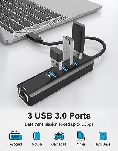 ABLEWE 4-in-1 USB C to Gigabit Ethernet Adapter with 3 USB 3.0 Ports Black | Multiport Hub for USB-C Devices thumbnail 2