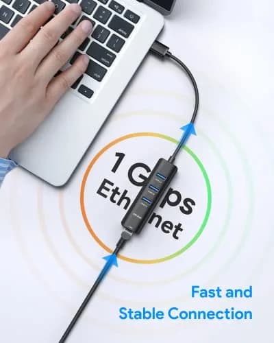 ABLEWE 4-in-1 USB C to Gigabit Ethernet Adapter with 3 USB 3.0 Ports Black | Multiport Hub for USB-C Devices thumbnail 3