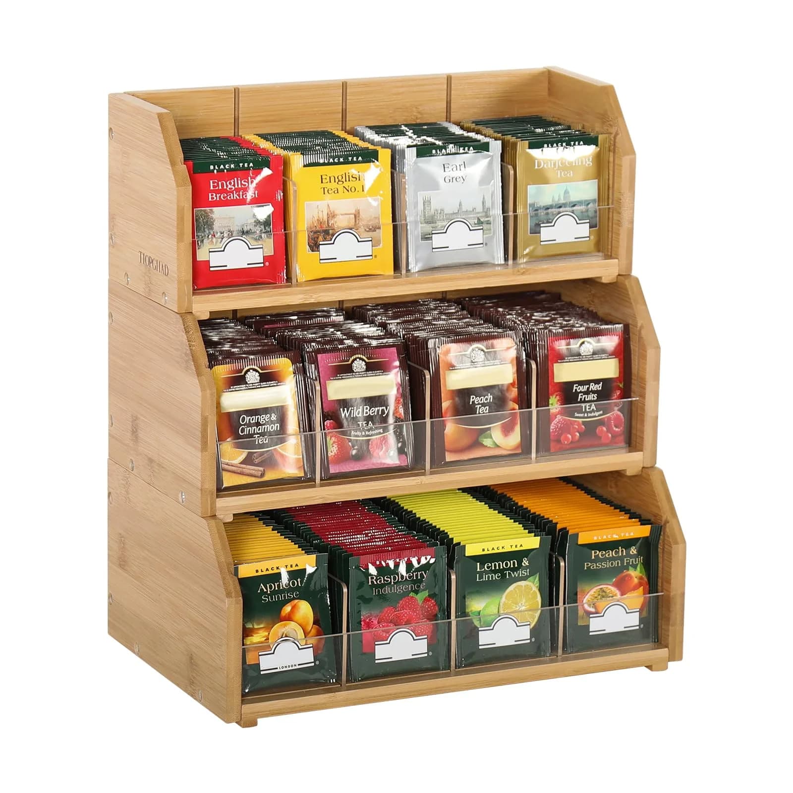 TIOPGHAD 3-Layer Bamboo Tea Bag Organizer Storage Holder, Brown | Stackable, Removable Compartments, 260 Tea Bags Capacity — Natural / 3 Tier