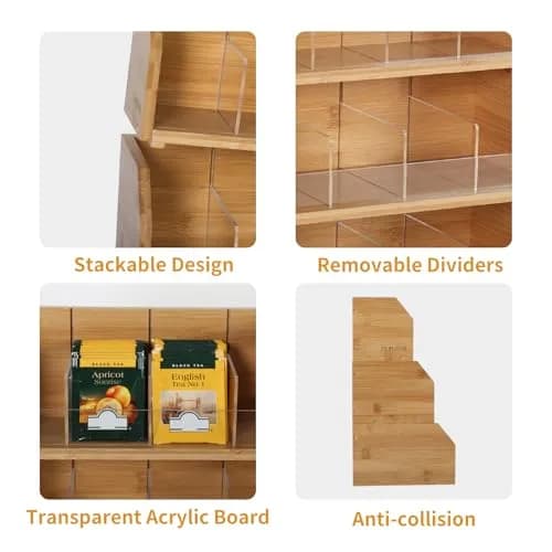 TIOPGHAD 3-Layer Stackable Bamboo Tea Bag Organizer Storage Holder, Natural | Space-Saving & Adjustable thumbnail 5