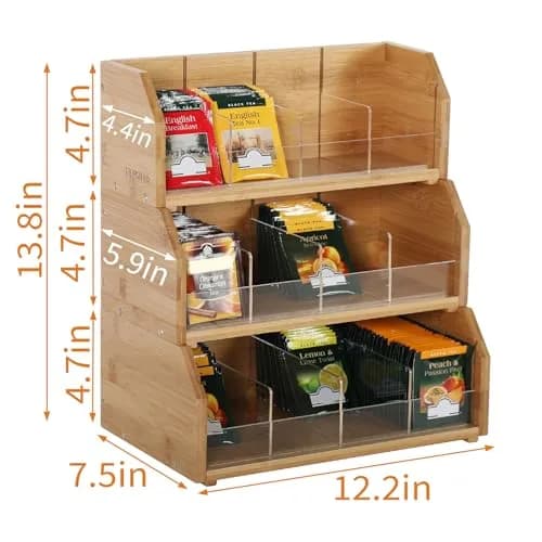 TIOPGHAD 3-Layer Stackable Bamboo Tea Bag Organizer Storage Holder, Natural | Space-Saving & Adjustable thumbnail 2