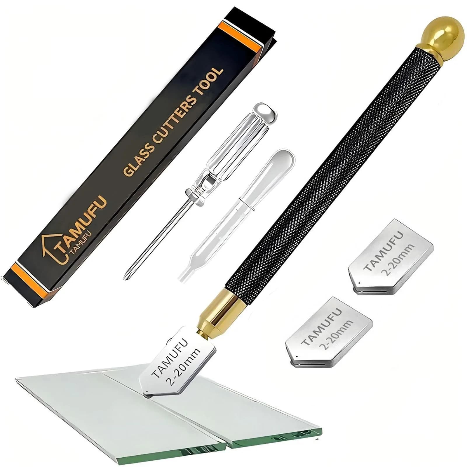 TAMUFU Glass Cutter Tool with Automatic Oil Feed, 2-20mm Cutting Range | 3 Carbide Tips & Ergonomic Handle - main product image