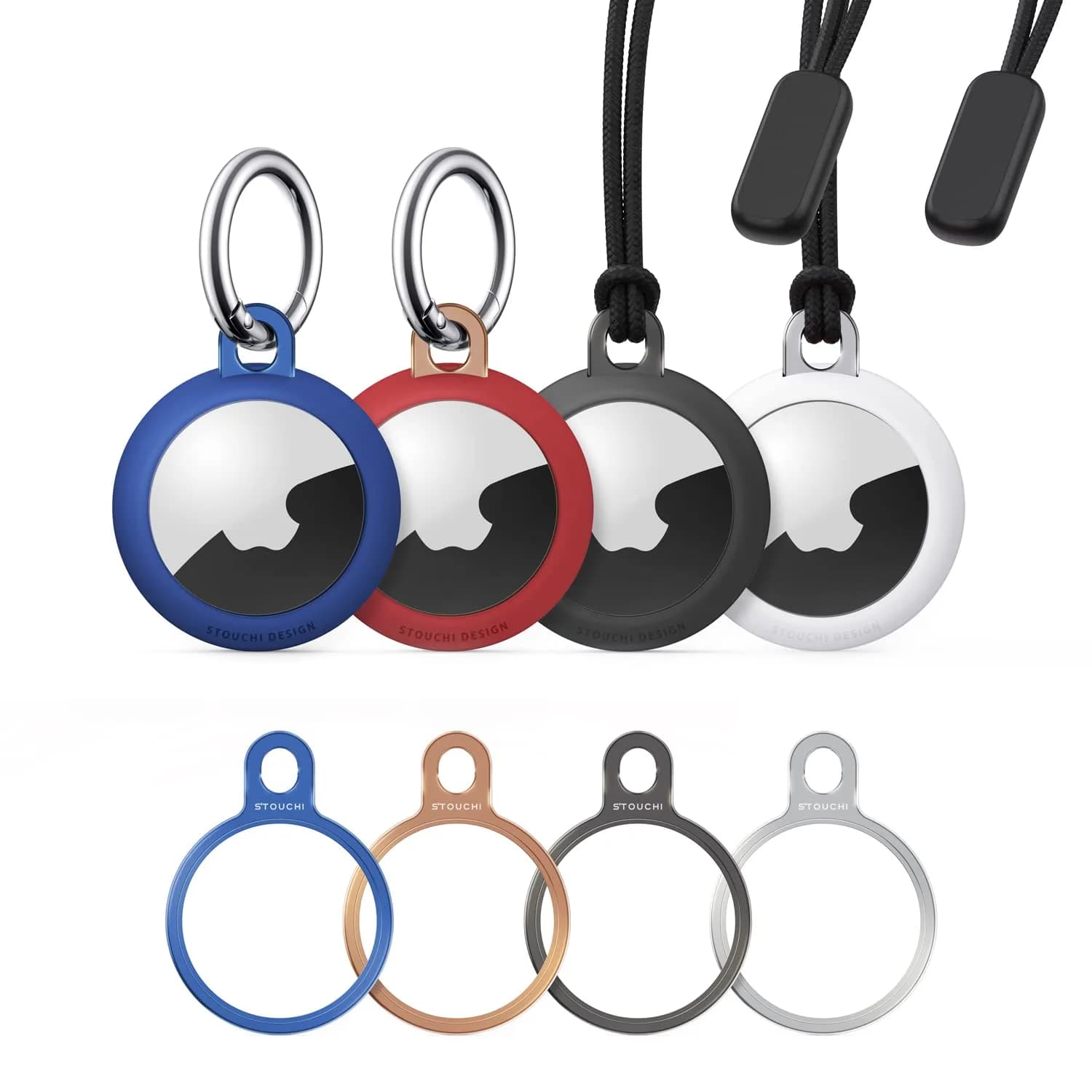 Stouchi Aluminium AirTag Holder Key Ring with Keychain & Rope | 2 Packs, Grey+Silver — Grey+white+blue+red
