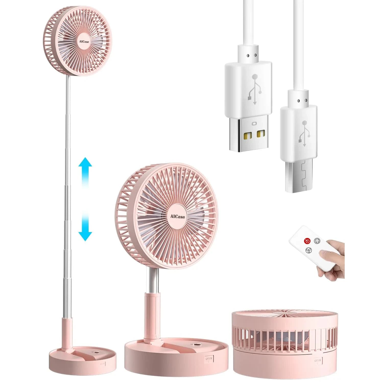 AICase Folding Portable Telescopic Fan Pink 7200mAh | 4 Speeds Super Quiet USB Desk Floor Fan - main product image