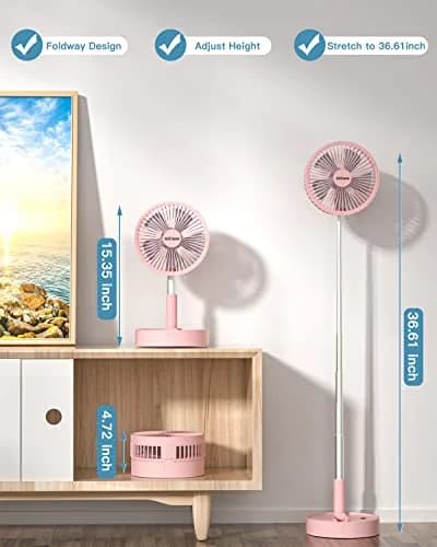 AICase Folding Portable Telescopic Fan Pink 7200mAh | 4 Speeds Super Quiet USB Desk Floor Fan thumbnail 2