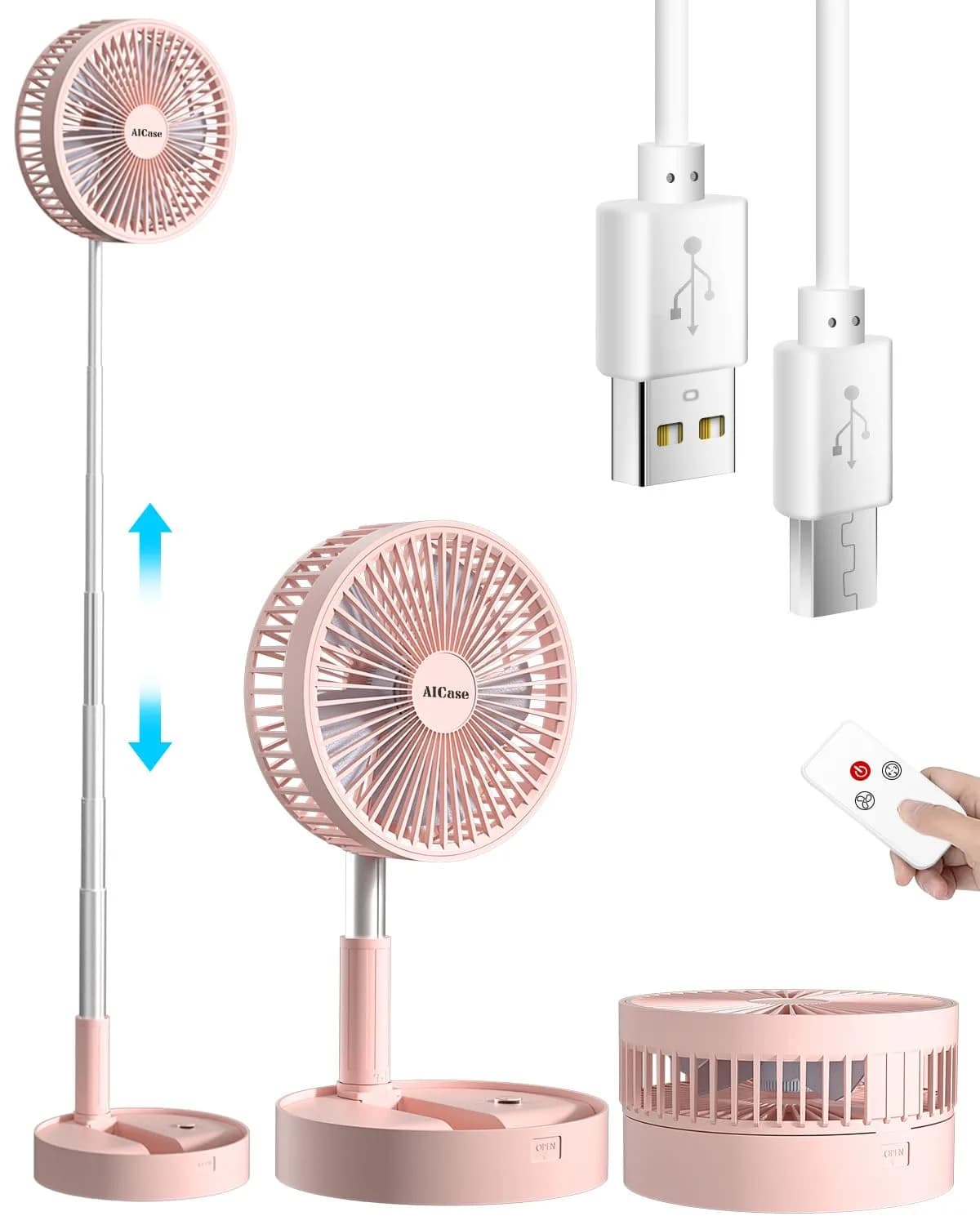AICase Folding Portable Telescopic Fan Pink 7200mAh | 4 Speeds Super Quiet USB Desk Floor Fan - main product image