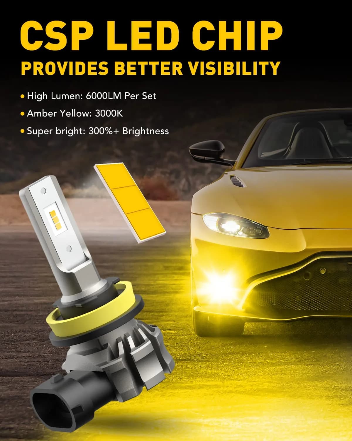 AUXITO H11/H8/H16 LED Fog Light Bulbs 6000LM 3000K Amber Yellow | 300% Brighter Than Halogen - view 2