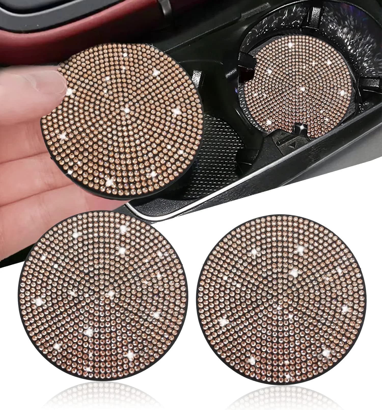 NBTEPEM Bling Car Cup Holder Coasters 2.75 inch (2 pcs, Champagne) | Sparkle & Protect Your Car Interior - main product image