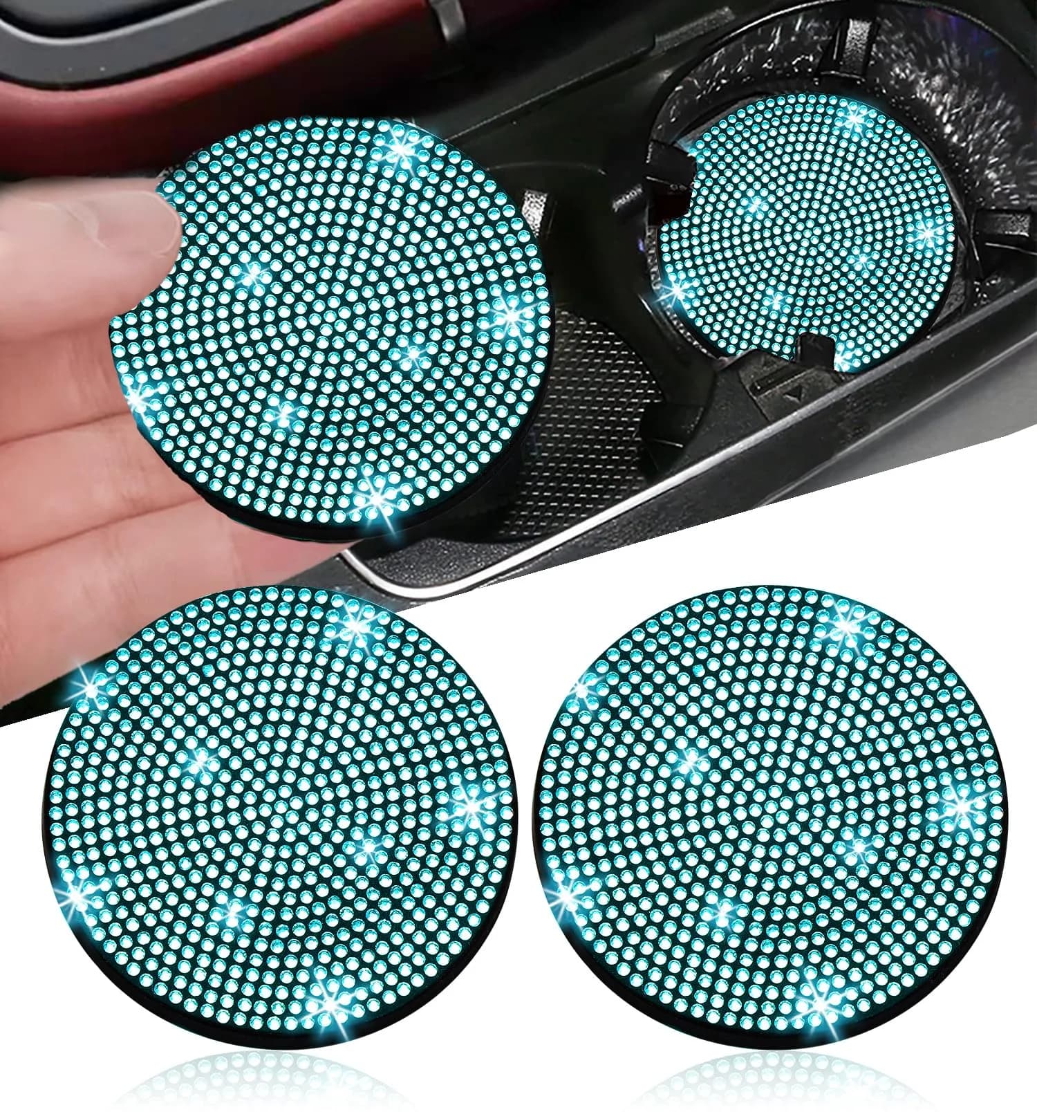 NBTEPEM Bling Car Cup Holder Coasters 2.75 inch (2 pcs, Aquamarine) | Sparkle & Protect Your Car Interior - main product image