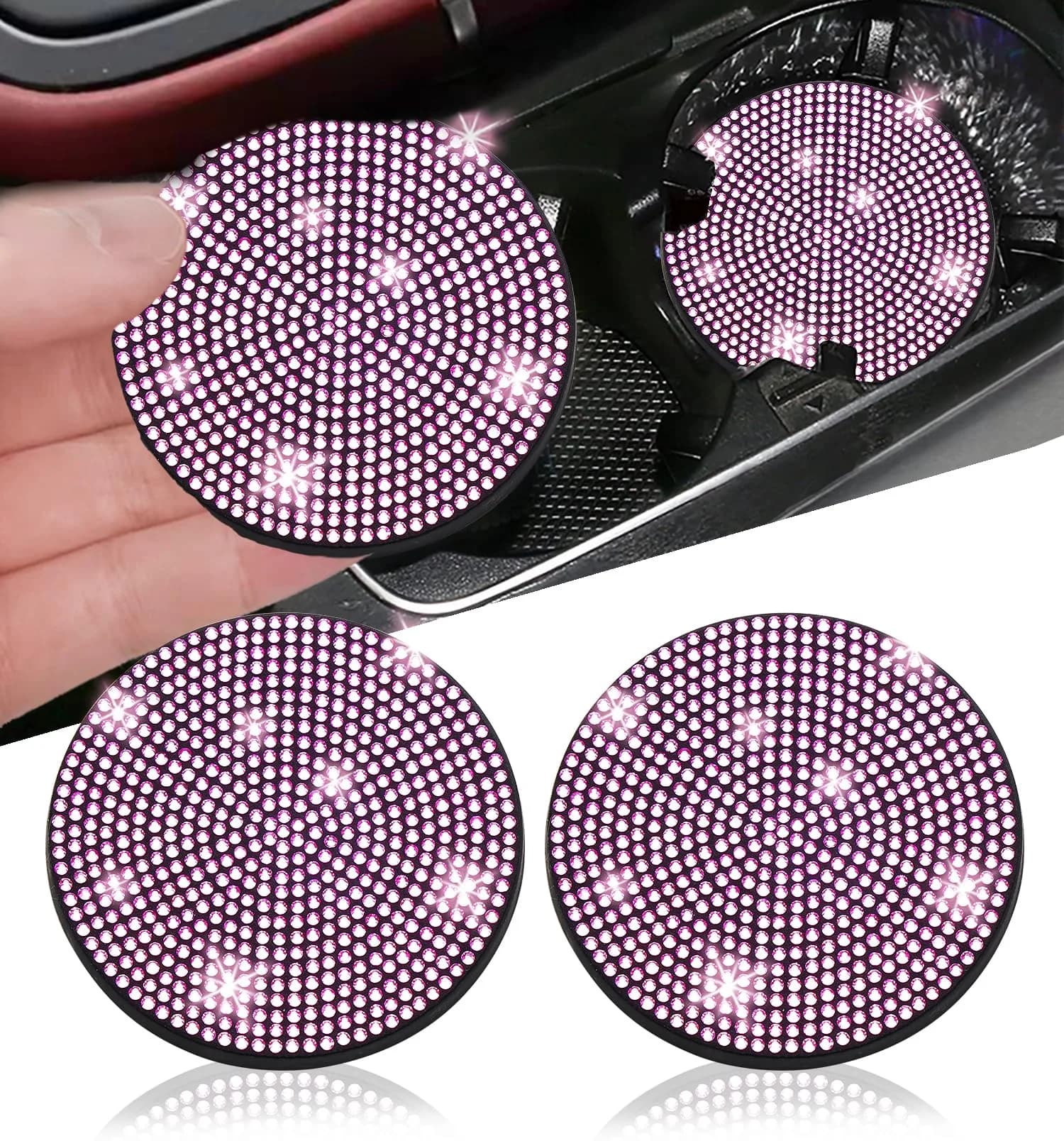 NBTEPEM Bling Car Cup Holder Coasters - 2 pcs, 2.75 inch, Pink | Sparkle & Protect - main product image