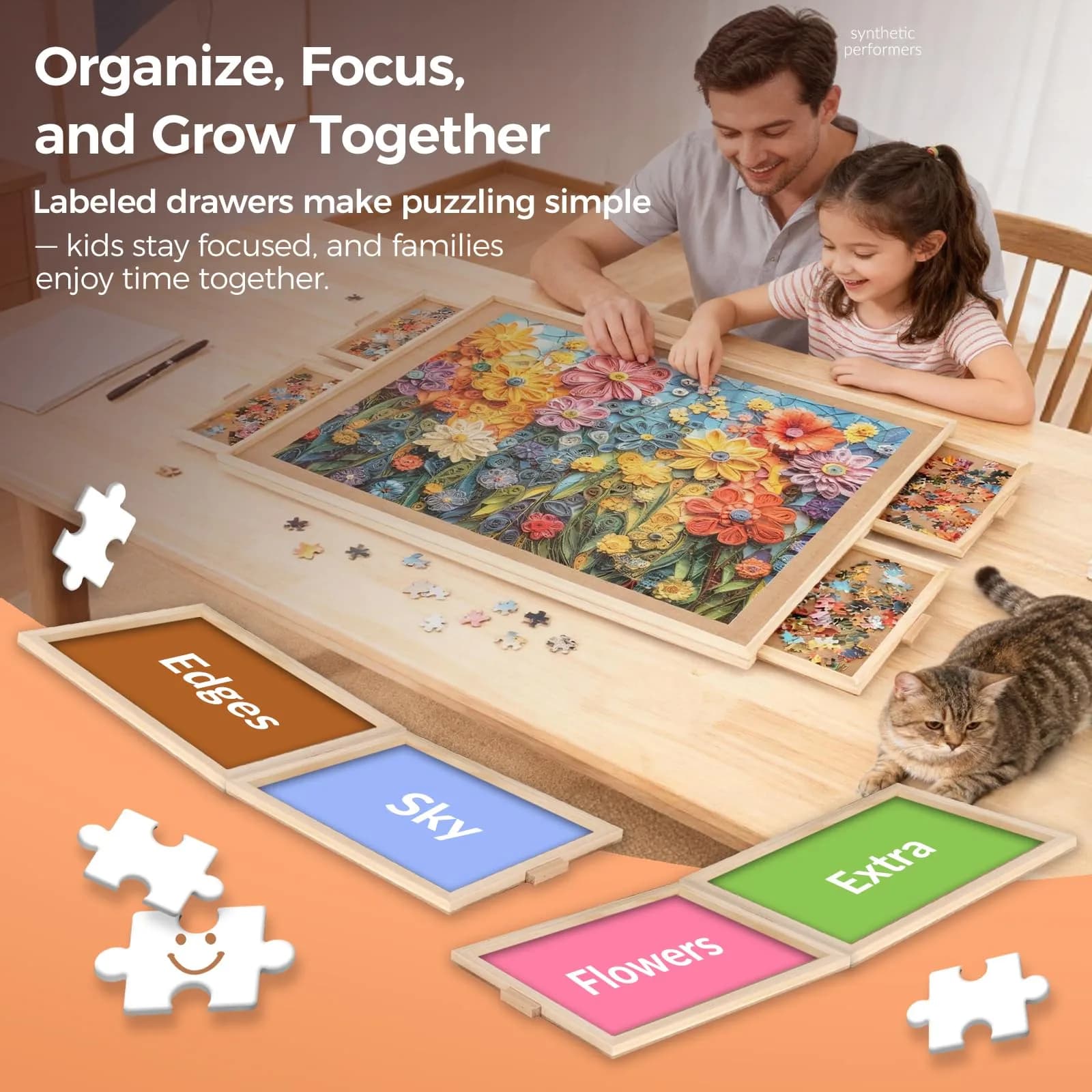 ALL4JIG Portable Wooden Jigsaw Puzzle Board with 4 Drawers & Cover - Natural Wood, Medium (1500pcs Capacity) - view 3