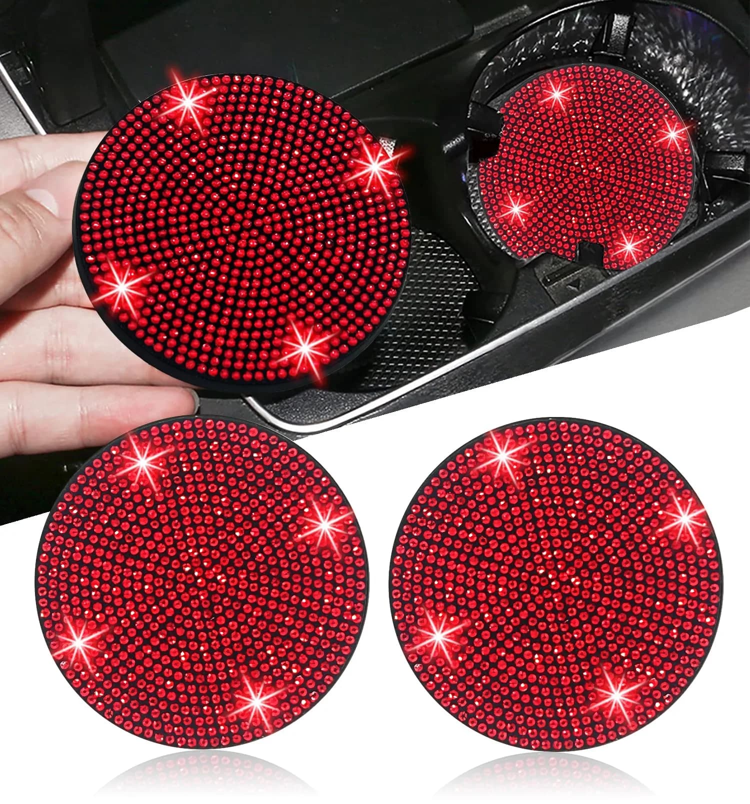 NBTEPEM Red Bling Car Cup Holder Coasters (2 pcs) | Sparkle & Protect Your Car Interior - main product image