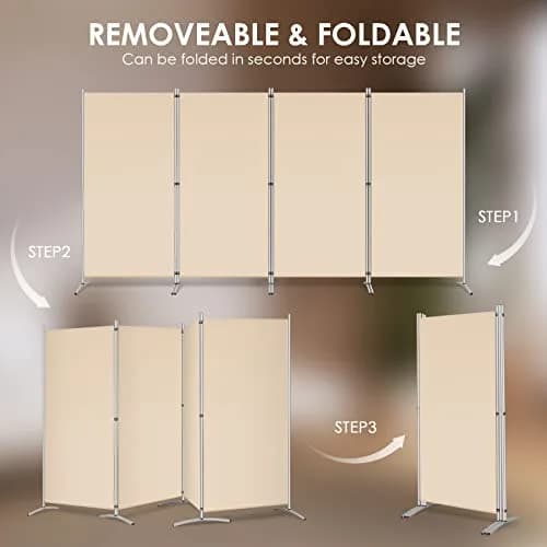 RANTILA 4 Panel Room Divider 71" (180 cm) Tall Folding Privacy Screen | Freestanding Beige Partition thumbnail 5