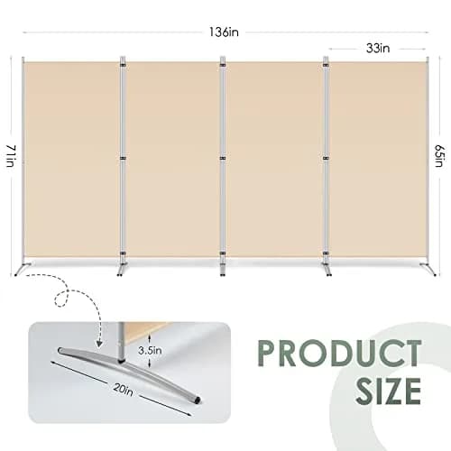 RANTILA 4 Panel Room Divider 71" (180 cm) Tall Folding Privacy Screen | Freestanding Beige Partition thumbnail 2