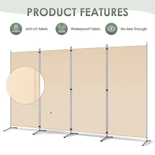 RANTILA 4 Panel Room Divider 71" (180 cm) Tall Folding Privacy Screen | Freestanding Beige Partition thumbnail 3