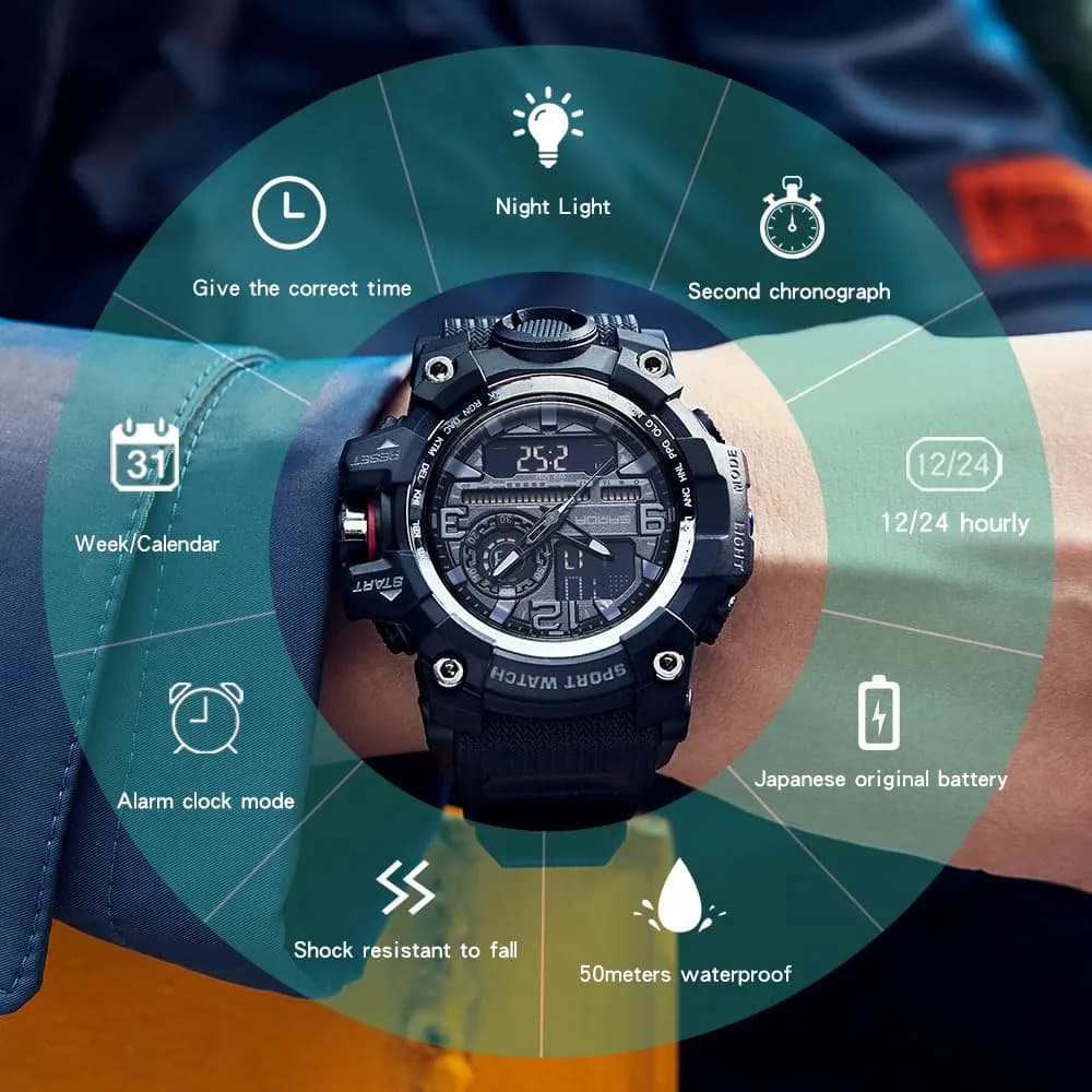 KXAITO Men's Sports Watch 58mm (2.28") | Military Style Dual Dial with LED & Stopwatch - view 8