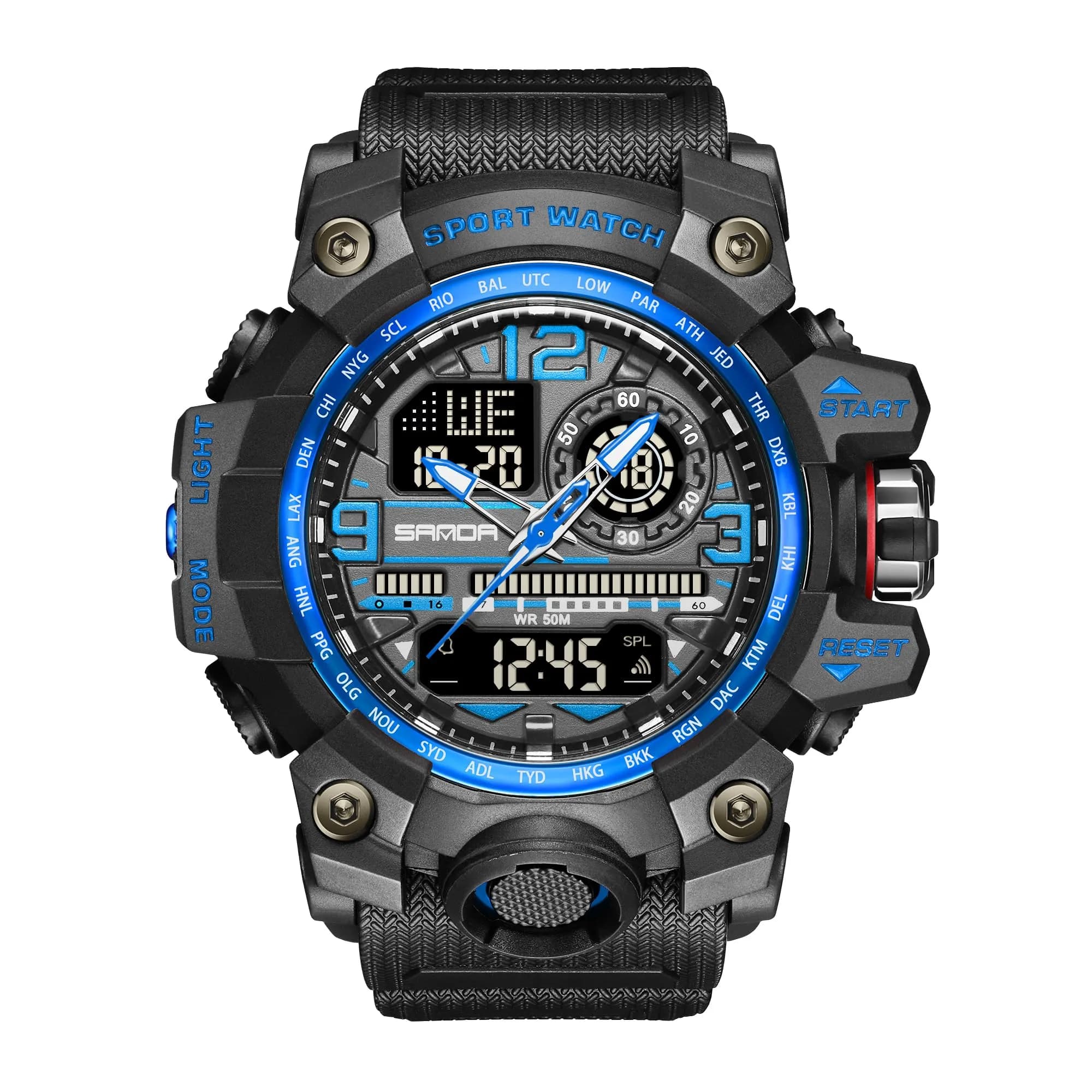 KXAITO Men's Sports Outdoor Waterproof Military Watch with Date, Alarm, Stopwatch (Black Blue, 58mm Case) - main product image