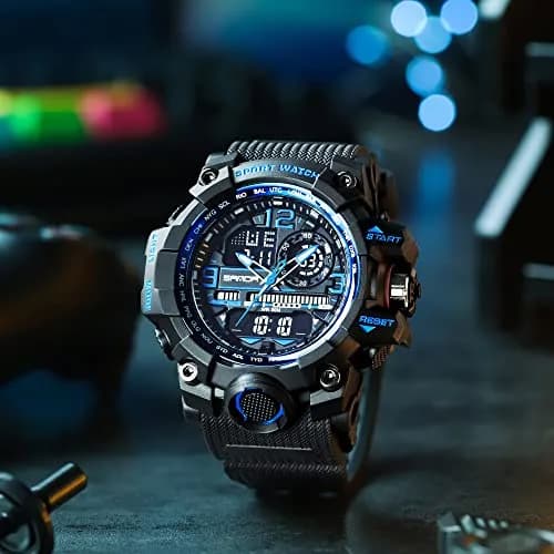 KXAITO Men's Sports Outdoor Waterproof Military Watch with Date, Alarm, Stopwatch (Black Blue, 58mm Case) thumbnail 4