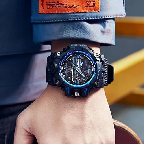 KXAITO Men's Sports Outdoor Waterproof Military Watch with Date, Alarm, Stopwatch (Black Blue, 58mm Case) thumbnail 5
