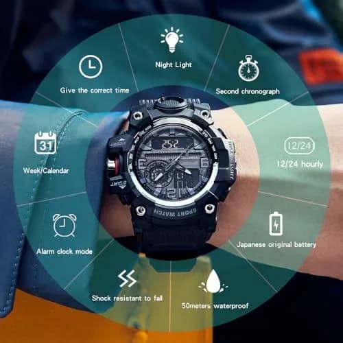 KXAITO Men's Sports Outdoor Waterproof Military Watch with Date, Alarm, Stopwatch (Black Blue, 58mm Case) thumbnail 6