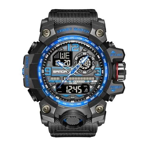 KXAITO Men's Sports Outdoor Waterproof Military Watch with Date, Alarm, Stopwatch (Black Blue, 58mm Case) thumbnail 1