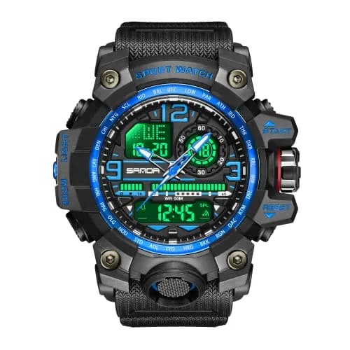 KXAITO Men's Sports Outdoor Waterproof Military Watch with Date, Alarm, Stopwatch (Black Blue, 58mm Case) thumbnail 3