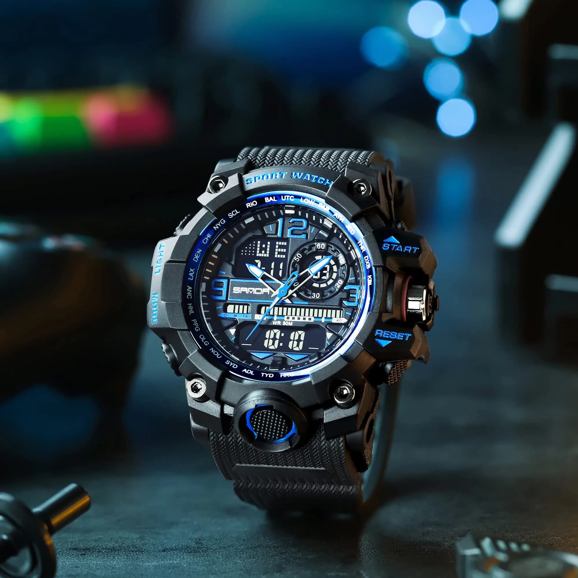 KXAITO Men's Sports Outdoor Waterproof Military Watch with Date, Alarm, Stopwatch (Black Blue, 58mm Case) - view 4