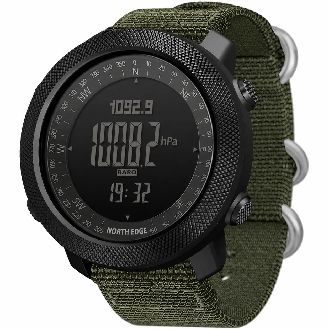NORTH EDGE Apache 50mm Digital Watch for Men | Rugged Outdoor Companion with Altimeter, Barometer, Compass — Apache 50MM Green Nylon Band